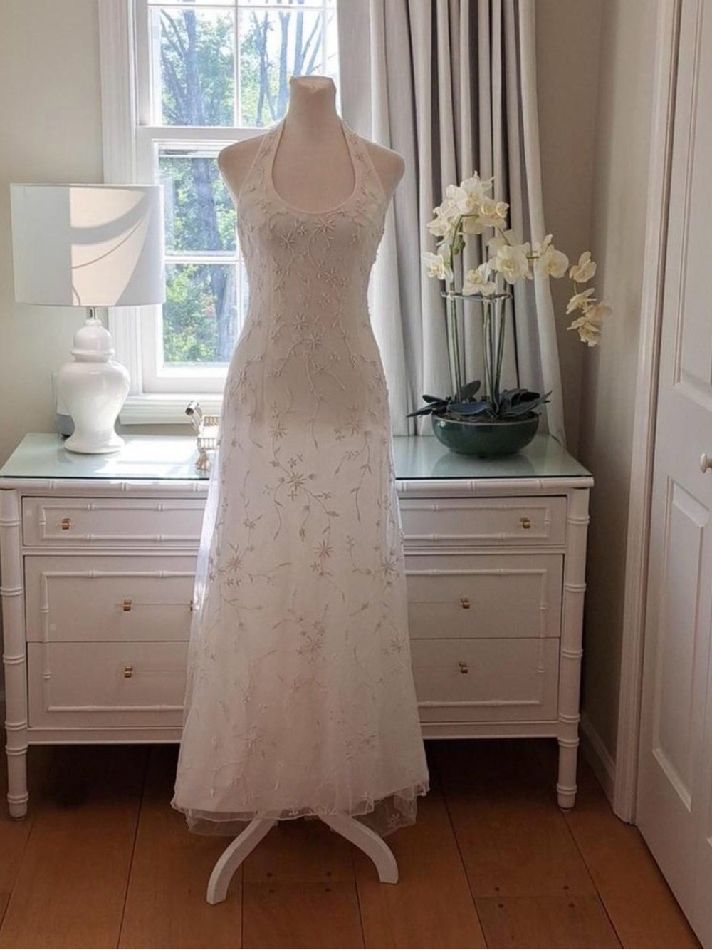 Elegant Halter Wedding Gown in White with Floral Embroidery